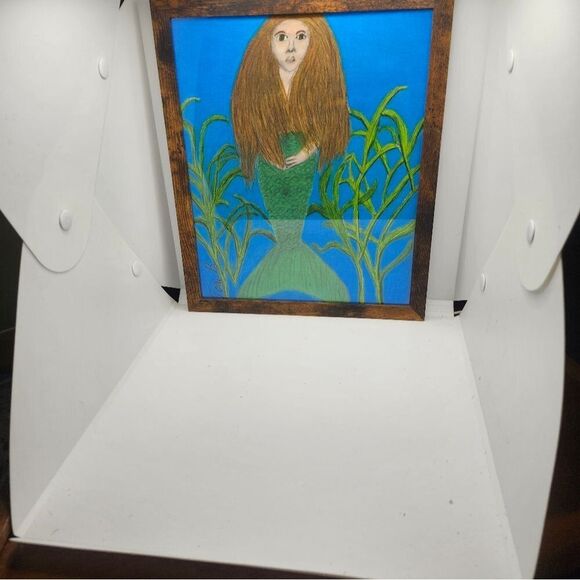 Handmade Framed Pencil Art Mermaid Colored Drawing 9x11 inch One of a Kind - Picture 7 of 9